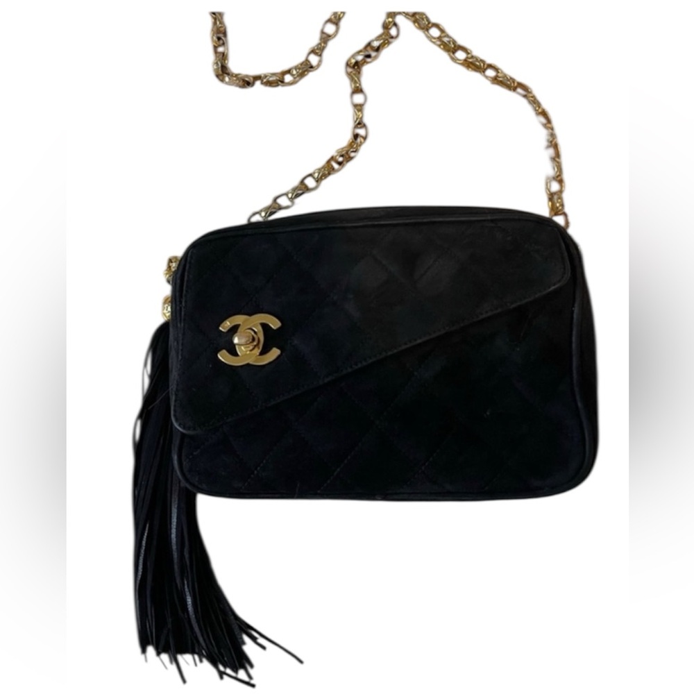 Chanel Black Suede Camera Crossbody Bag 24k hardware w/COA & Card